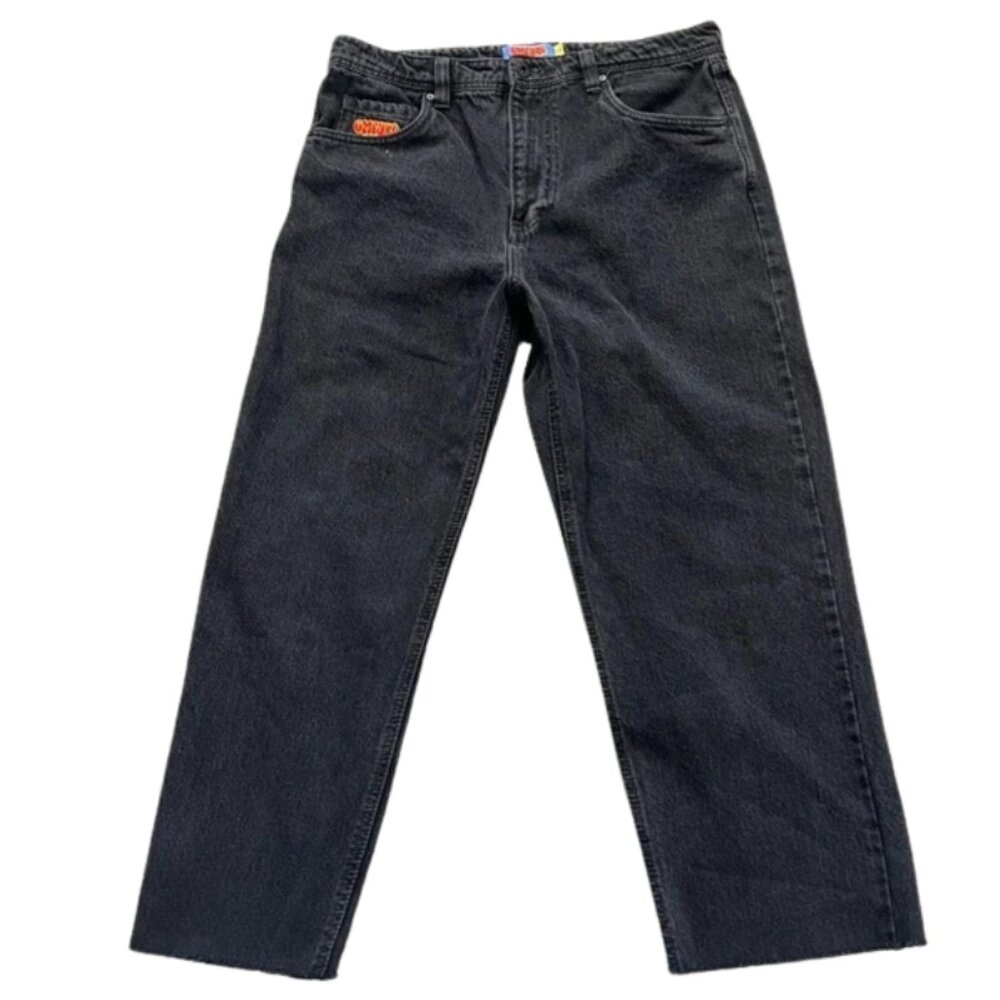 Empyre Men's Grey and Black Relaxed Jeans with Cut Hem - Size 34/27